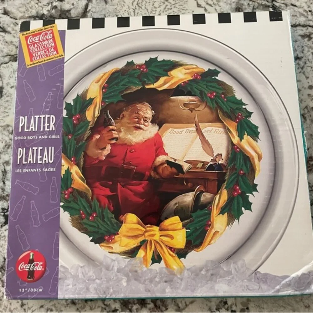 Vintage Santa Claus Holding Coca-Cola Bottle Glass Platter Good Boys & Girls 13